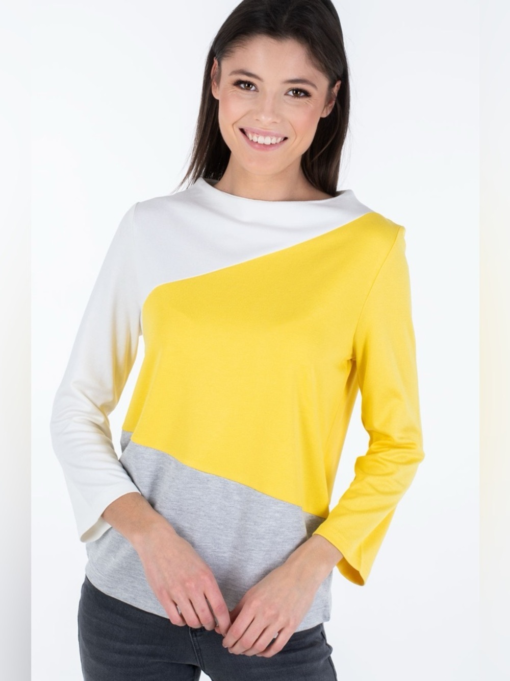 NWT Colorblock Boatneck Top in Yellow, White & Gray - size Med